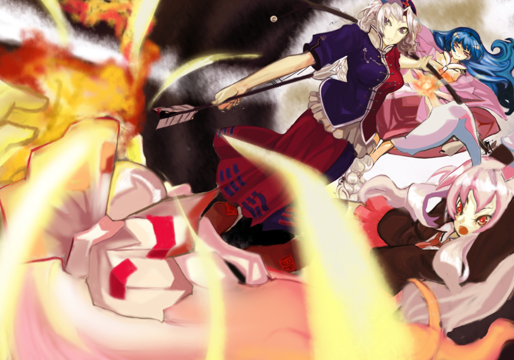 egawa rui, fujiwara no mokou, houraisan kaguya, reisen udongein inaba, yagokoro eirin, touhou, 4girls, animal ears, battle, blurry, bow (weapon), depth of field, dutch angle, female focus, fire, multiple girls, rabbit ears, ribbon, weapon