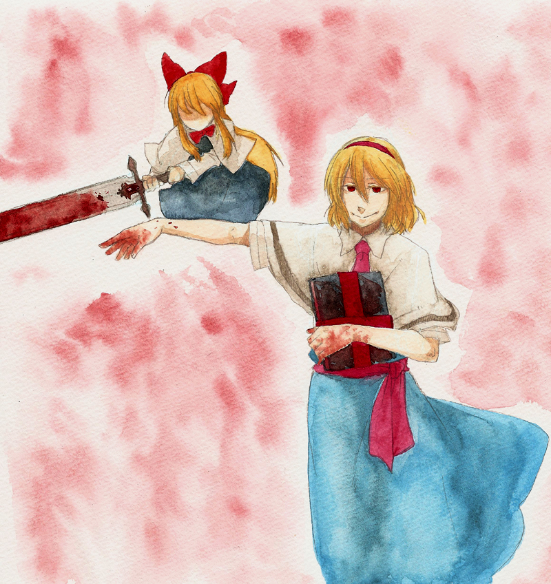 torinone, alice margatroid, shanghai doll, touhou, bad id, bad pixiv id, 1girl, blonde hair, blood, book, doll, female focus, grimoire, grimoire of alice, hairband, short hair, solo, sword, weapon