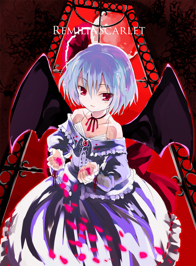 gotyou, remilia scarlet, touhou, 1girl, bare shoulders, bat wings, blue hair, dress, female focus, indoors, moon, petals, red eyes, red moon, ribbon, short hair, sky, solo, wings