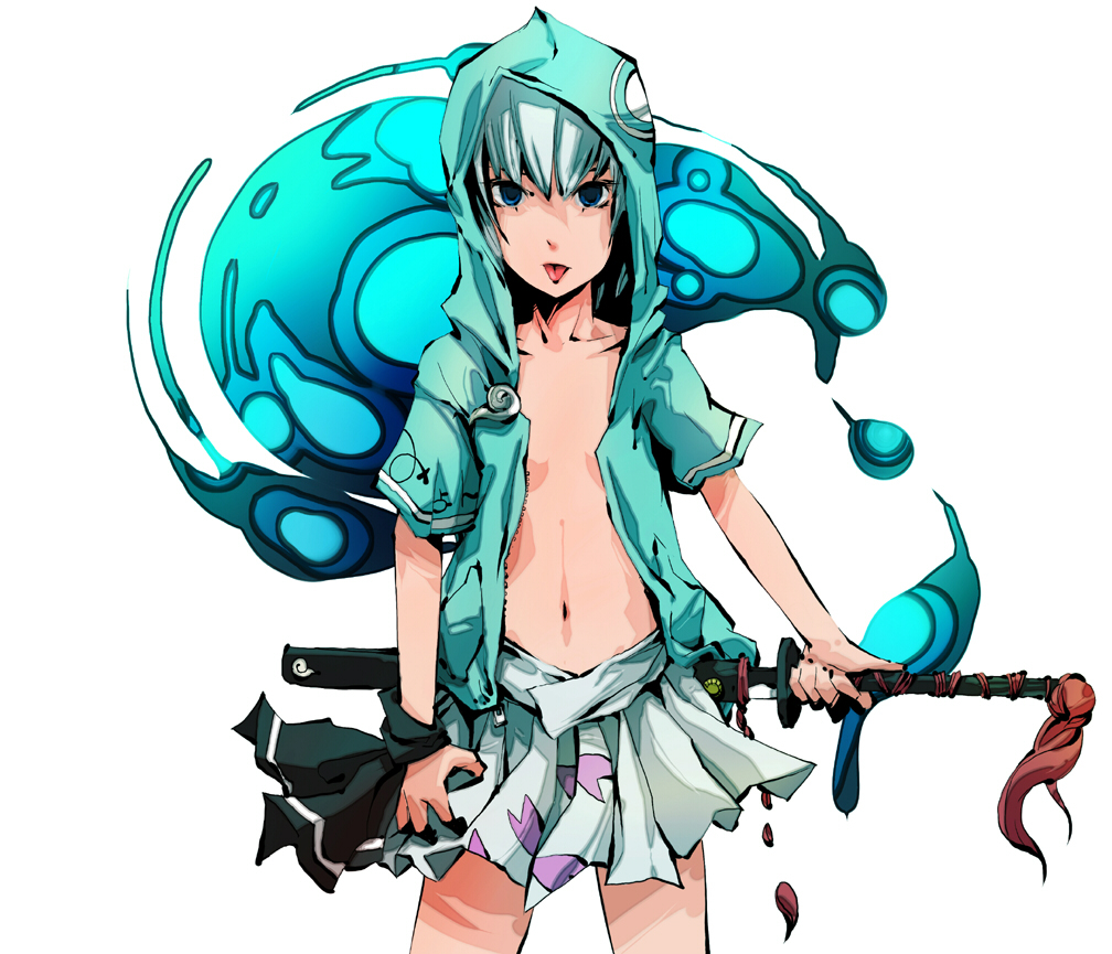 dain, konpaku youmu, konpaku youmu (ghost), touhou, bad id, bad pixiv id, 1girl, :p, blue eyes, female focus, hitodama, hood, hooded jacket, jacket, katana, midriff, no bra, open clothes, open jacket, ribbon, sheath, sheathed, skirt, solo, sword, tongue, tongue out, weapon, white hair