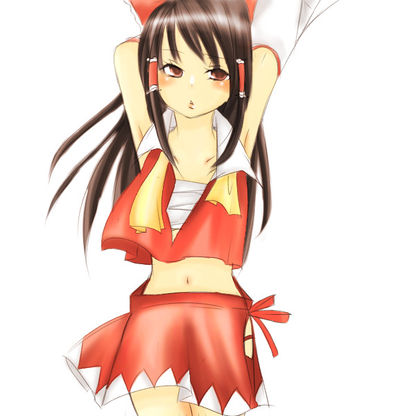 yuiko-satou, yuiko-satou (pixiv161940), hakurei reimu, touhou, bad id, bad pixiv id, 1girl, armpits, brown eyes, brown hair, detached sleeves, female focus, midriff, navel, open clothes, open shirt, sarashi, shirt, simple background, skirt, solo, white background