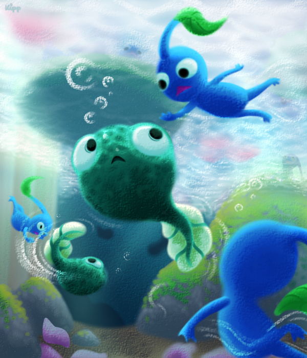 blue pikmin, nintendo, pikmin (series), commentary, english commentary, black eyes, blue skin, blue sky, bubble, colored skin, creature, creature focus, day, kippette, leaf, lily pad, moss, motion lines, no humans, outdoors, pikmin (creature), rock, sky, swimming, tadpole, triangle mouth, underwater, wolpole