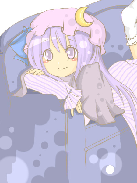yuiko-satou, yuiko-satou (pixiv161940), patchouli knowledge, touhou, bad id, bad pixiv id, 1girl, couch, crescent hat ornament, female focus, hat, hat ornament, long hair, lying, purple eyes, purple hair, ribbon, solo