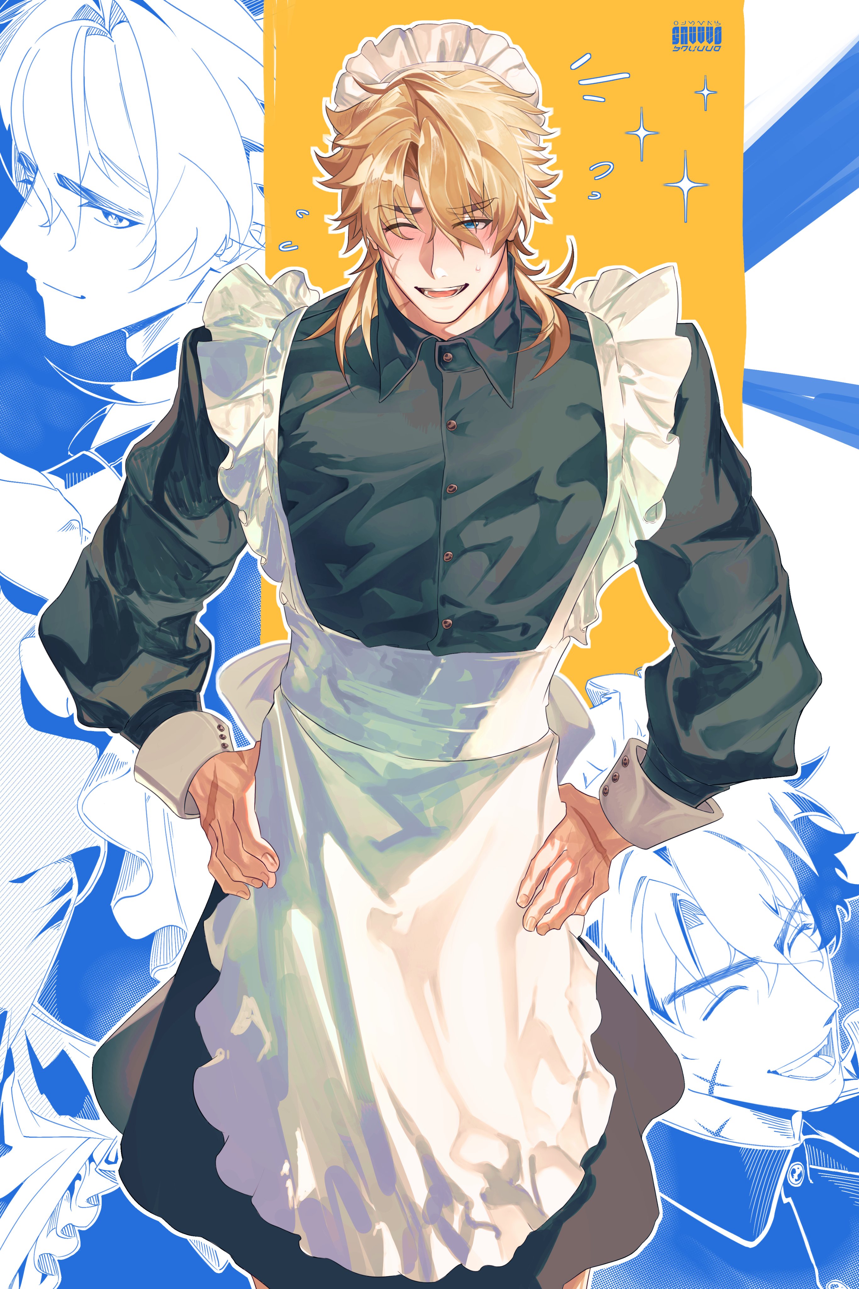 varka (genshin impact), genshin impact, absurdres, commentary, english commentary, highres, 1boy, alternate costume, apron, black dress, blonde hair, blue eyes, blush, buttons, closed eyes, collared dress, crossdressing, crossdressing (mtf), dress, enmaided, flying sweatdrops, frilled apron, frills, hands on own hips, long sleeves, looking at viewer, maid, maid apron, maid headdress, male focus, medium hair, multiple views, nervous sweating, one eye closed, snvvvo, sparkle, sparkling aura, sweat, white apron, white wrist cuffs, wing collar, wrist cuffs