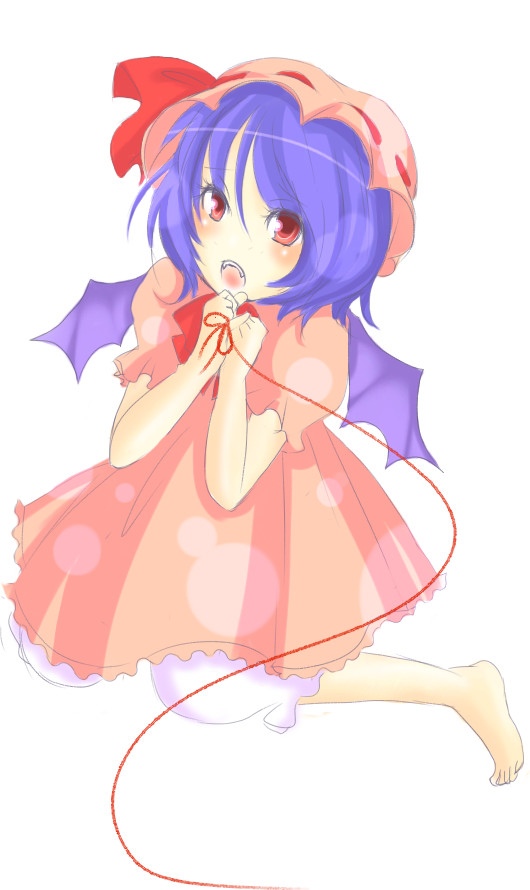 yuiko-satou, yuiko-satou (pixiv161940), remilia scarlet, touhou, bad id, bad pixiv id, 1girl, barefoot, bat wings, bloomers, blue hair, dress, female focus, full body, hat, red eyes, simple background, solo, string, string of fate, underwear, white background, wings