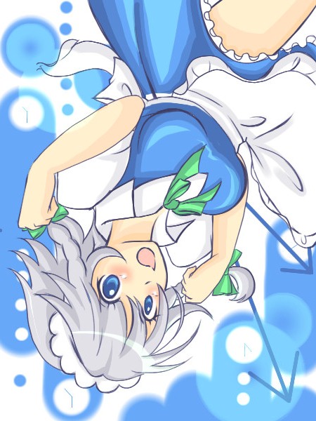yuiko-satou, yuiko-satou (pixiv161940), izayoi sakuya, touhou, bad id, bad pixiv id, 1girl, blue eyes, braid, breasts, clock, female focus, maid, ribbon, solo, twin braids, white background