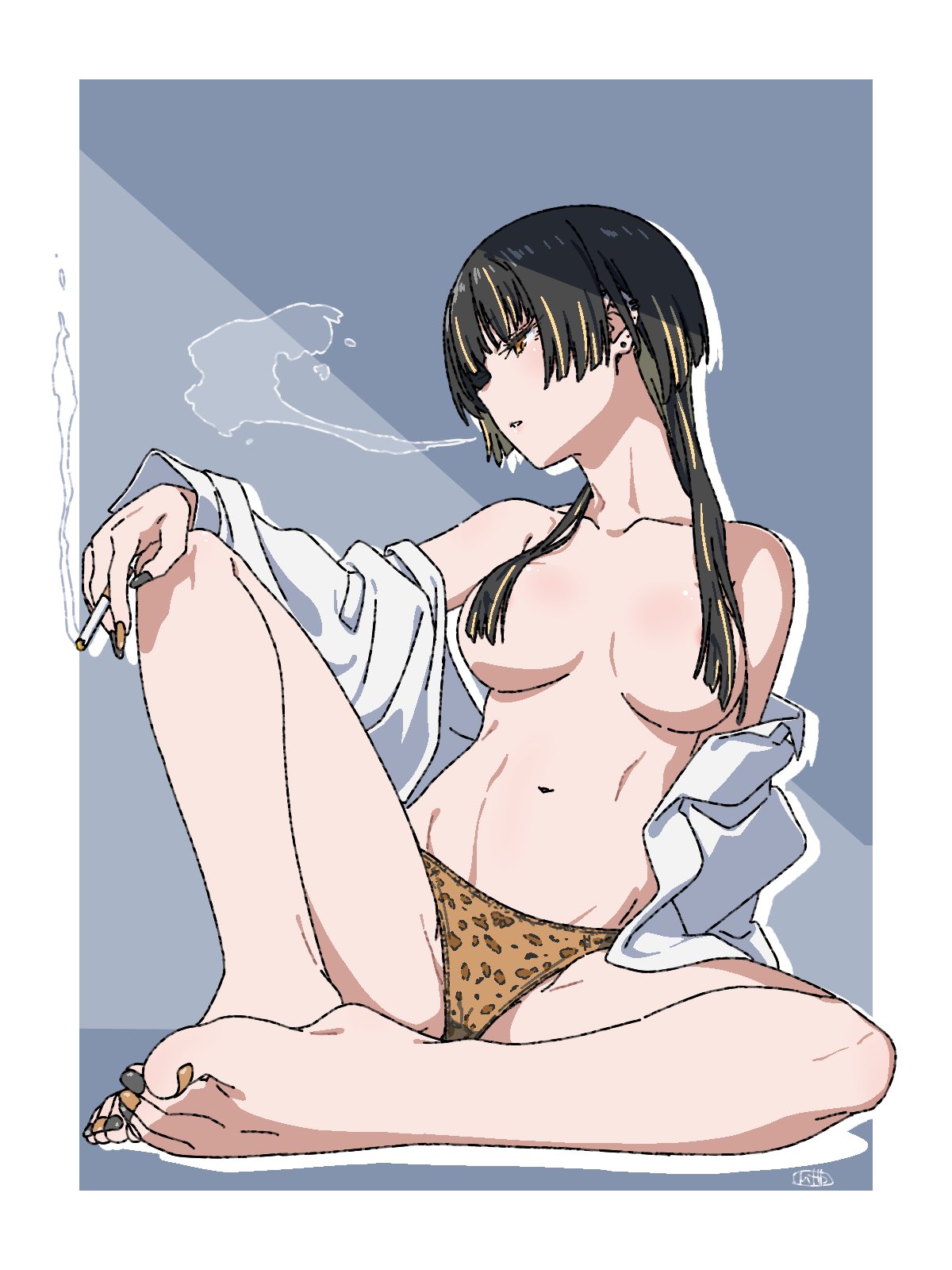 matatabeat, original, commentary, highres, symbol-only commentary, 1girl, animal print, bare legs, barefoot, black hair, black nails, blonde hair, blowing smoke, border, breasts, cigarette, collared shirt, dress shirt, earrings, feet, hair over breasts, holding, holding cigarette, jewelry, knee up, large breasts, leopard print, leopard print panties, long hair, looking to the side, multicolored hair, nail polish, navel, off shoulder, open clothes, open shirt, outside border, panties, parted lips, profile, shirt, sideways mouth, sitting, smoke, smoking, streaked hair, stud earrings, toenail polish, toenails, toes, two-tone hair, underwear, very long fingernails, white border, white shirt, yellow eyes, yellow nails, yellow panties