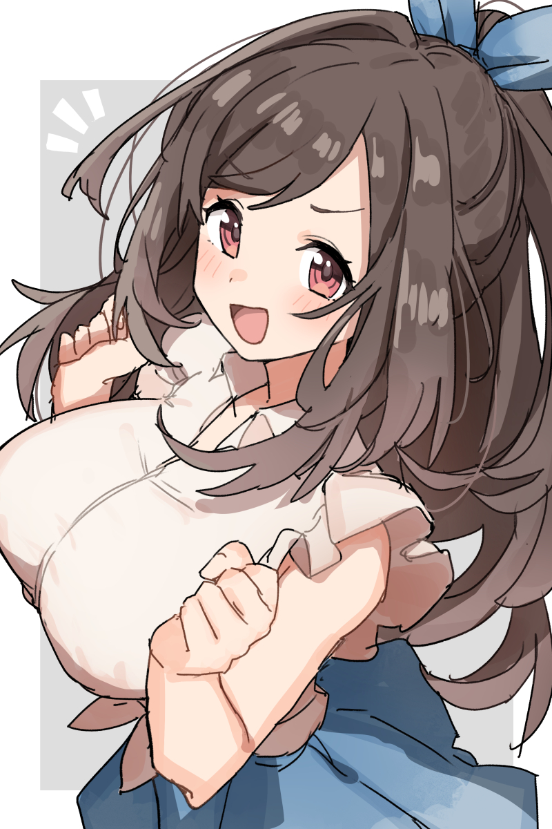 gazacy (dai), tsukioka kogane, idolmaster, idolmaster shiny colors, commentary request, highres, 1girl, :d, blue ribbon, blue skirt, blush, breasts, brown hair, dress, grey background, hair ribbon, large breasts, long hair, looking at viewer, open mouth, red eyes, ribbon, shirt, short sleeves, skirt, sleeveless, sleeveless dress, smile, solo, two-tone background, white background, white shirt