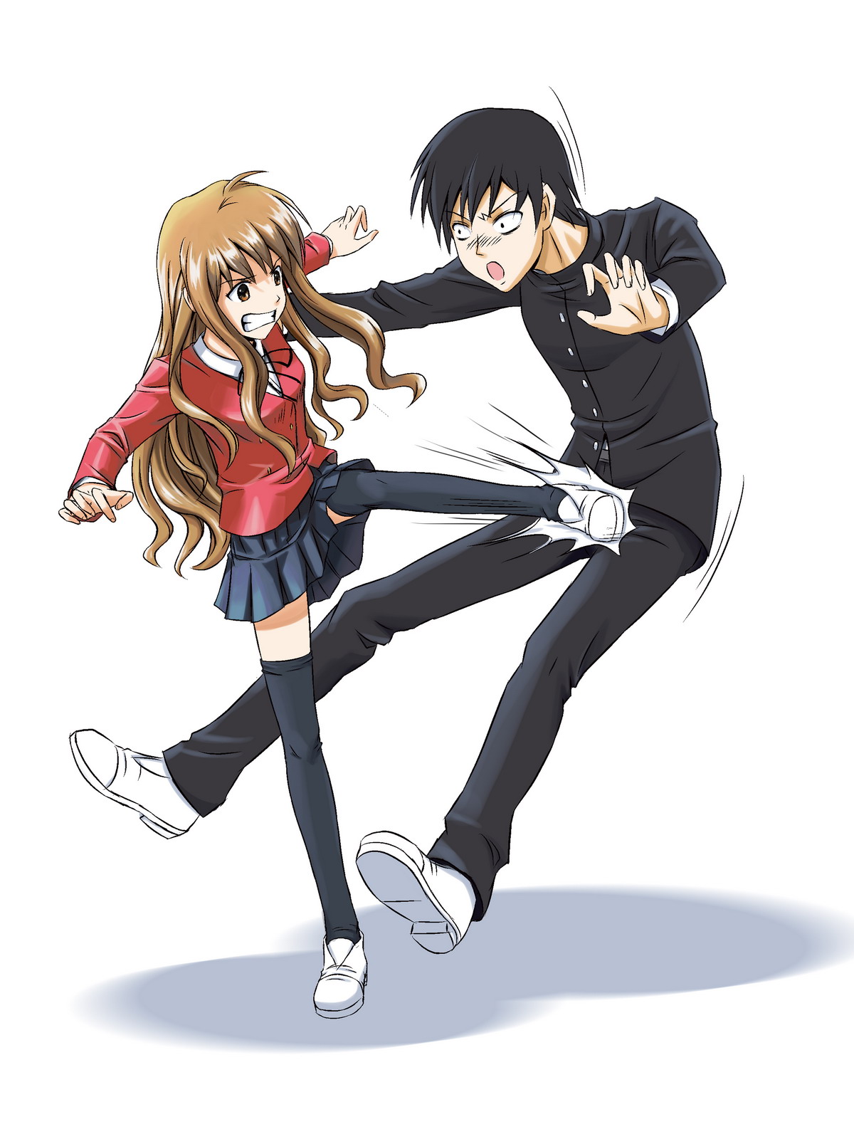 streamingsun, aisaka taiga, takasu ryuuji, toradora!, highres, 00s, ahoge, angry, ball busting, bdsm, black hair, brown eyes, brown hair, cbt, crotch kick, kicking, school uniform, shoes, skirt, testicles, thighhighs, uwabaki, zettai ryouiki