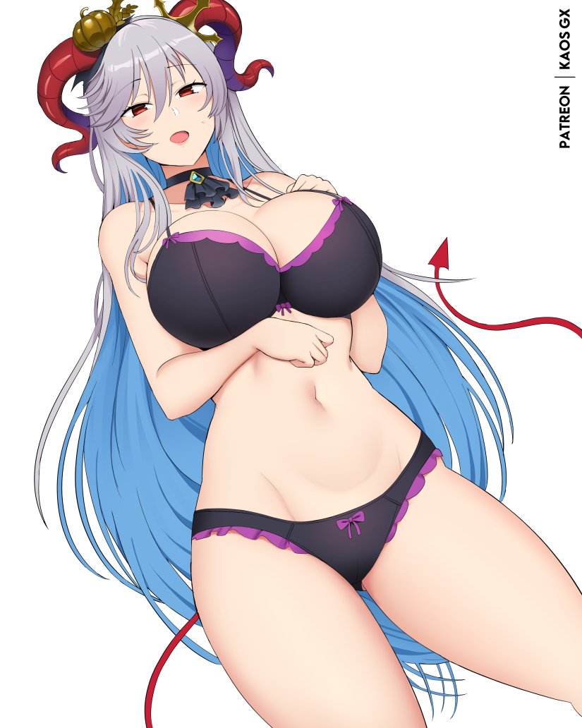 kaos art, freyja (fire emblem), fire emblem, fire emblem heroes, nintendo, 1girl, arm under breasts, ascot, black ascot, black bra, black choker, black panties, blue hair, blush, bra, breasts, choker, cleavage, curled horns, demon tail, food-themed hair ornament, gluteal fold, goat horns, grey hair, hair ornament, half-closed eyes, hand on own chest, horns, huge breasts, long hair, looking at viewer, multicolored hair, navel, open mouth, panties, pumpkin hair ornament, red eyes, red horns, simple background, solo, stomach, tail, thick thighs, thighs, underwear, very long hair, white background, white hair