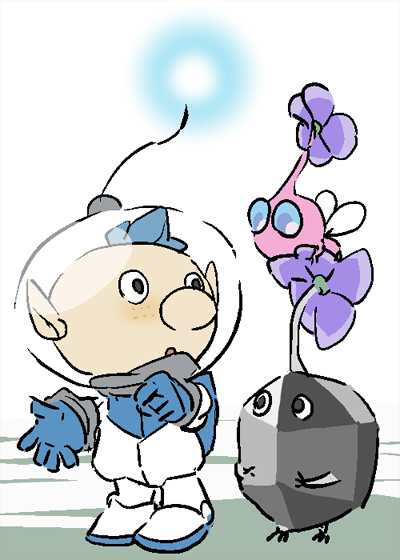 nandovo, alph (pikmin), rock pikmin, winged pikmin, nintendo, pikmin (series), commentary request, 1boy, :o, backpack, bag, big nose, black eyes, black skin, blue bag, blue eyes, blue gloves, blue hair, clenched hand, colored skin, flower, flying, freckles, full body, gloves, helmet, insect wings, light blush, male focus, no mouth, open mouth, pikmin (creature), pink skin, pointy ears, purple flower, radio antenna, rock, short hair, solid circle eyes, space helmet, spacesuit, standing, talking, very short hair, white background, wings