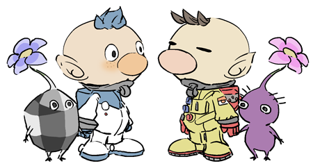 nandovo, alph (pikmin), olimar, purple pikmin, rock pikmin, nintendo, pikmin (series), super smash bros., commentary request, lowres, 2boys, :o, backpack, bag, big nose, black eyes, black skin, blue bag, blue gloves, blue hair, brown hair, buttons, closed eyes, colored skin, flower, freckles, full body, gloves, holding hands, light blush, male focus, multiple boys, no headwear, no mouth, parted lips, patch, pikmin (creature), pink flower, pointy ears, purple flower, purple skin, red bag, red gloves, rock, short hair, simple background, spacesuit, standing, very short hair, whistle, white background