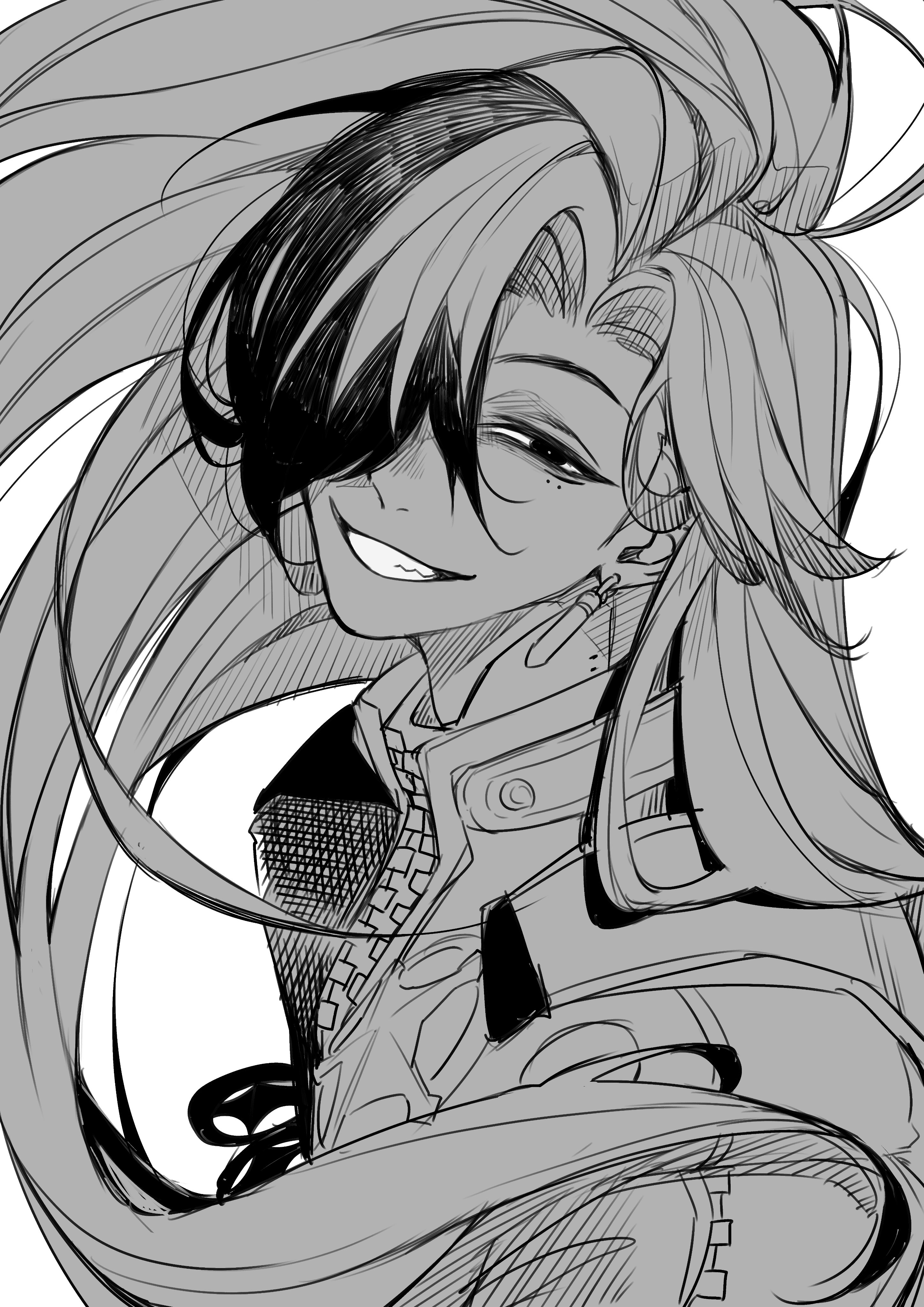 boothill (honkai: star rail), honkai: star rail, honkai (series), absurdres, highres, 1boy, collared jacket, cropped jacket, floating hair, greyscale, grin, hair over one eye, jacket, long hair, looking at viewer, male focus, mole, mole under eye, monochrome, mrsw0911, multiple moles, one eye covered, parted hair, popped collar, shell casing, simple background, smile, solo, unzipped, upper body, white background, zipper