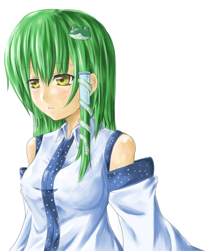 fukujima kiwi, kochiya sanae, touhou, bad id, bad pixiv id, 1girl, breasts, detached sleeves, female focus, green hair, simple background, solo, upper body, white background, yellow eyes