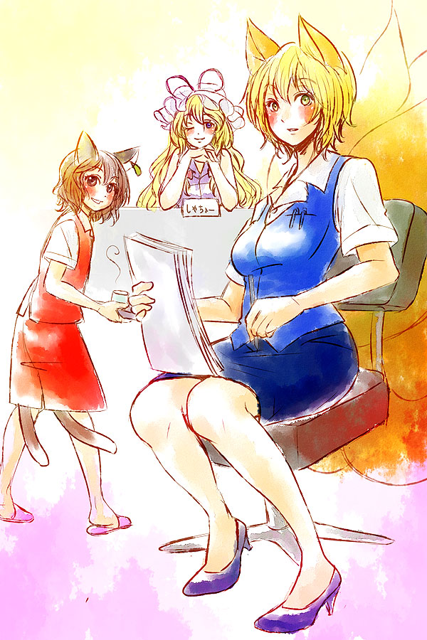 sada noriko, sunata, chen, yakumo ran, yakumo yukari, touhou, bad id, bad pixiv id, 3girls, alternate costume, animal ears, blonde hair, blue eyes, blush, brown eyes, brown hair, cat ears, cat girl, cat tail, earrings, female focus, fox ears, fox tail, hat, high heels, jewelry, kitsune, kyuubi, long hair, multiple girls, multiple tails, no headwear, office lady, one eye closed, pencil skirt, ribbon, shoes, short hair, skirt, slippers, tail, wink, yellow eyes