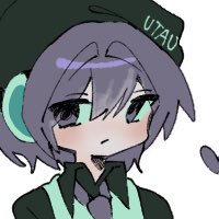 sn (sn utu00), utane uta, utau, lowres, 1girl, black hat, collared shirt, hat, looking at viewer, necktie, portrait, purple eyes, purple hair, shirt, short hair, solo, white background