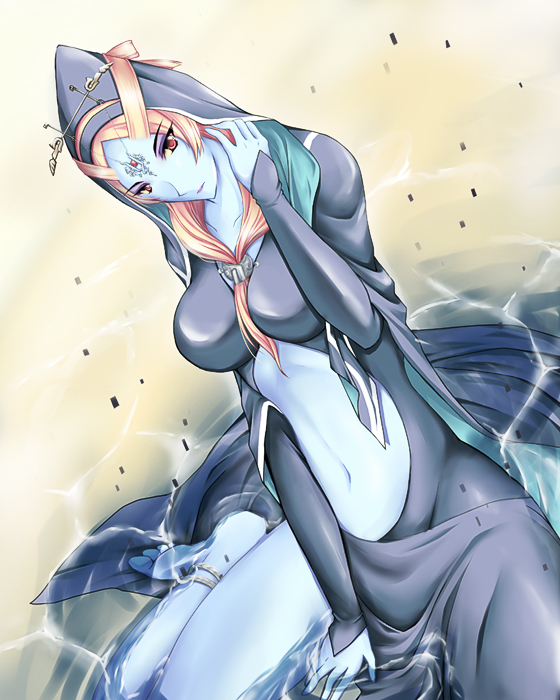 microspace, midna, midna (true), nintendo, the legend of zelda, the legend of zelda: twilight princess, spoilers, 1girl, blue skin, breasts, cleavage, colored skin, female focus, front ponytail, orange hair, pointy ears, red eyes, solo, wet