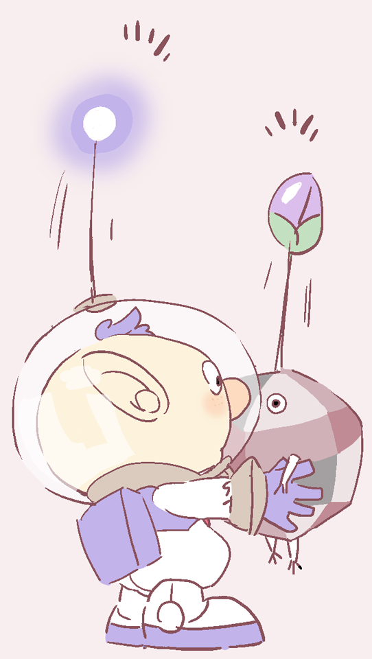nandovo, alph (pikmin), rock pikmin, nintendo, pikmin (series), commentary request, 1boy, backpack, bag, black eyes, black skin, blue bag, blue gloves, blue hair, bud, colored skin, creature, full body, gloves, grey background, heads together, helmet, holding, holding creature, light blush, looking at creature, male focus, motion lines, notice lines, pikmin (creature), pointy ears, radio antenna, rock, short hair, simple background, space helmet, spacesuit, standing, surprised, very short hair