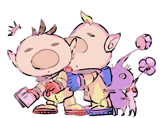 nandovo, louie (pikmin), olimar, purple pikmin, white pikmin, nintendo, pikmin (series), commentary request, ^^^, backpack, bag, big nose, black eyes, blonde hair, blue bag, blue gloves, brown hair, bud, buttons, closed eyes, colored skin, expressionless, flower, gloves, group hug, height difference, holding, holding paper, holding pen, hug, hug from behind, no headwear, no mouth, open mouth, paper, paper stack, pen, pikmin (creature), pink flower, pointy ears, purple skin, red bag, red eyes, red gloves, short hair, simple background, solid circle eyes, spacesuit, surprised, very short hair, white background, white skin