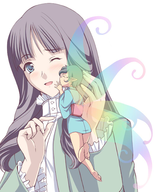 microspace, high pixie, nagi (devil summoner), devil summoner (series), 2girls, aqua eyes, barefoot, black hair, blush, demon (megami tensei), fairy, grey hair, japanese clothes, kimono, kiss, kissing cheek, mini person, minigirl, multiple girls, one eye closed, pointy ears, short hair, short kimono, wings, wink, yuri