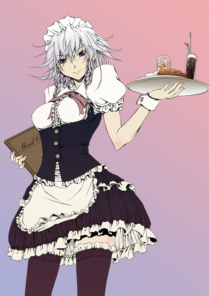 aya.m, izayoi sakuya, touhou, silver hair, 1girl, apron, black thighhighs, blue eyes, female focus, food, frills, hairband, maid, maid apron, parody, ribbon, short hair, socks, solo, style parody, thighhighs, zettai ryouiki