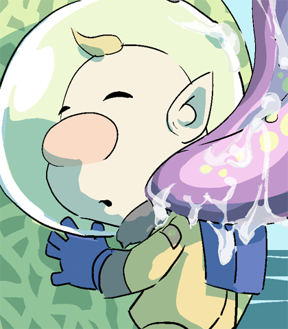nandovo, louie (pikmin), nintendo, pikmin (series), pikmin 3, commentary request, lowres, 1boy, ^ ^, backpack, bag, big nose, blonde hair, blue bag, blue gloves, blue sky, closed eyes, colored tongue, cowboy shot, day, food, fruit, gloves, happy, hugging object, licking, male focus, melon, open mouth, outdoors, oversized food, oversized object, pale skin, patch, pointy ears, purple tongue, quaggled mireclops, saliva, short hair, sky, smile, spacesuit, very short hair