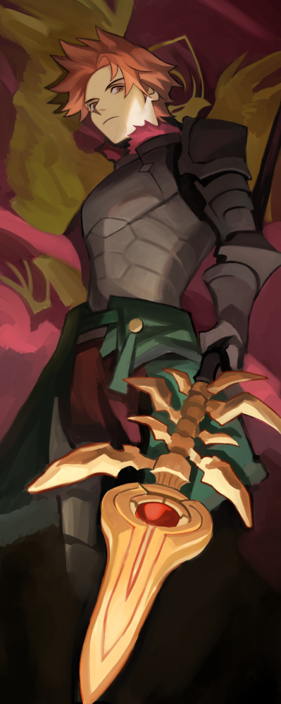 enononono6, sylvain jose gautier, sylvain jose gautier (timeskip), fire emblem, fire emblem: three houses, nintendo, commentary request, 1boy, armor, breastplate, brown eyes, closed mouth, flag, frown, fur-trimmed collar, fur trim, gauntlets, holding, holding polearm, holding weapon, lance of ruin, looking to the side, male focus, orange hair, parted hair, pauldrons, polearm, red fur, shoulder armor, solo, standing, weapon