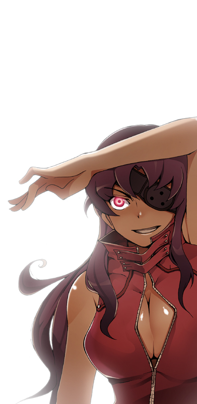 kosame daizu, uryuu minene, mirai nikki, bad id, bad pixiv id, 1girl, breasts, china dress, chinese clothes, cleavage, cleavage cutout, clothing cutout, dark-skinned female, dark skin, dress, eyepatch, female focus, glowing, glowing eyes, huge breasts, long hair, purple hair, red eyes, solo