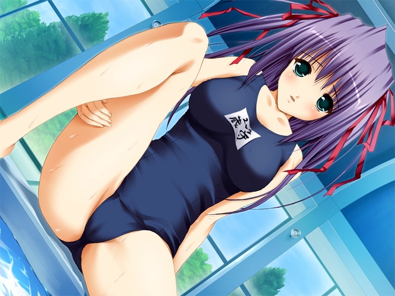 orimiya mai, kuramori yui, mehime no toriko, game cg, non-web source, 1girl, dutch angle, female focus, green eyes, leg hold, long hair, looking at viewer, name tag, one-piece swimsuit, parted lips, partially visible vulva, pool, poolside, purple hair, school swimsuit, solo, spread legs, swimsuit, wet