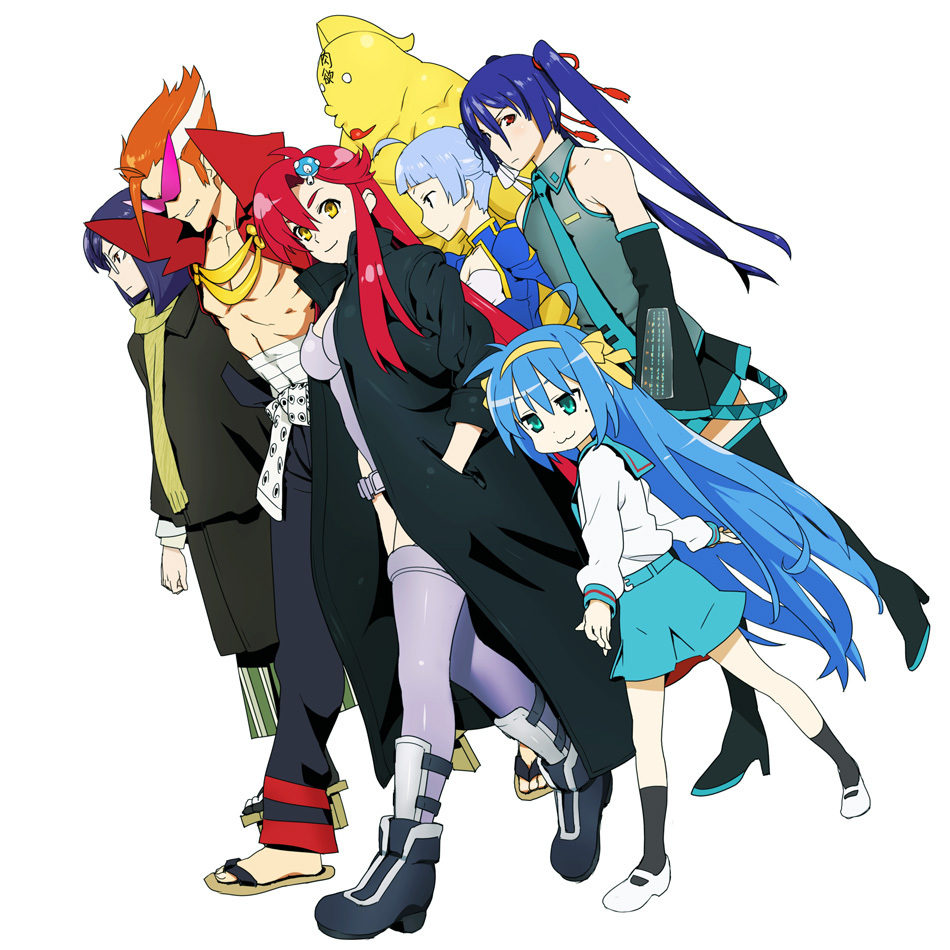 artoria pendragon (fate), hatsune miku, hirano aya, itoshiki nozomu, izumi konata, kamina (ttgl), kawasumi ayako, kusanagi motoko, nagi, onsokumaru, saber (fate), saotome alto, straight cougar, suzumiya haruhi, tachikoma, tieria erde, yoko littner, fate/stay night, fate (series), ghost in the shell, gundam, gundam 00, kannagi, kinnikuman, lucky star, macross, macross frontier, niconico rpg, ninin ga shinobuden, sayonara zetsubou sensei, scryed, suzumiya haruhi no yuuutsu, tengen toppa gurren lagann, vocaloid, bad id, bad pixiv id, 3boys, 3girls, :3, ahoge, blue hair, cosplay, crossover, hatsune miku (cosplay), itoshiki nozomu (cosplay), kamina (cosplay), kamina shades, kinnikuman (cosplay), kusanagi motoko (cosplay), mole, mole under eye, multiple boys, multiple crossover, multiple girls, saber (fate) (cosplay), suzumiya haruhi (cosplay), thighhighs, triangular eyewear, twintails, voice actor connection