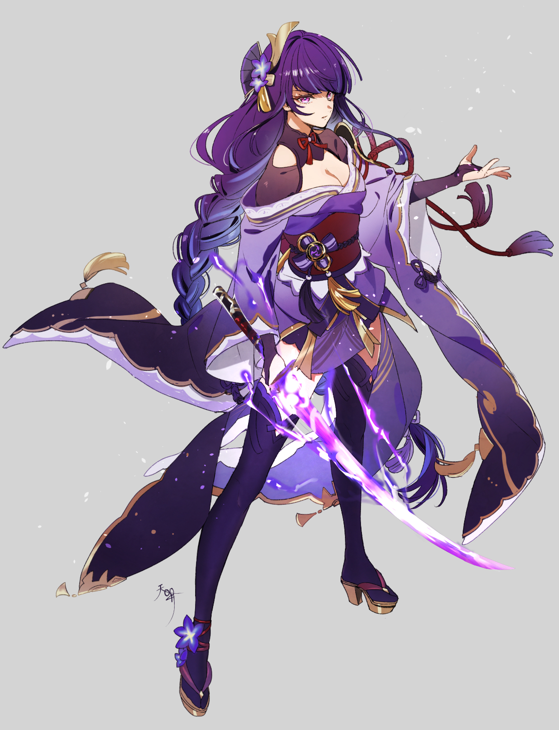 tenni noboru, raiden shogun, genshin impact, commentary request, highres, 1girl, armor, artist name, batting stance, black panties, black thighhighs, blue pupils, blunt bangs, braid, breasts, bridal gauntlets, cleavage, closed mouth, clothing cutout, electricity, fan hair ornament, fighting stance, flower, flower ornament, full body, glowing, glowing weapon, gradient hair, grey background, holding, holding sword, holding weapon, japanese armor, japanese clothes, katana, kimono, large breasts, long braid, long hair, looking at viewer, looking to the side, mole, mole under eye, multicolored eyes, multicolored hair, musou isshin (genshin impact), off shoulder, panties, powering up, purple eyes, purple flower, purple hair, purple kimono, red sash, sash, shade, shoulder armor, shoulder cutout, signature, simple background, single braid, solo, standing, streaked hair, sword, thighhighs, underwear, weapon
