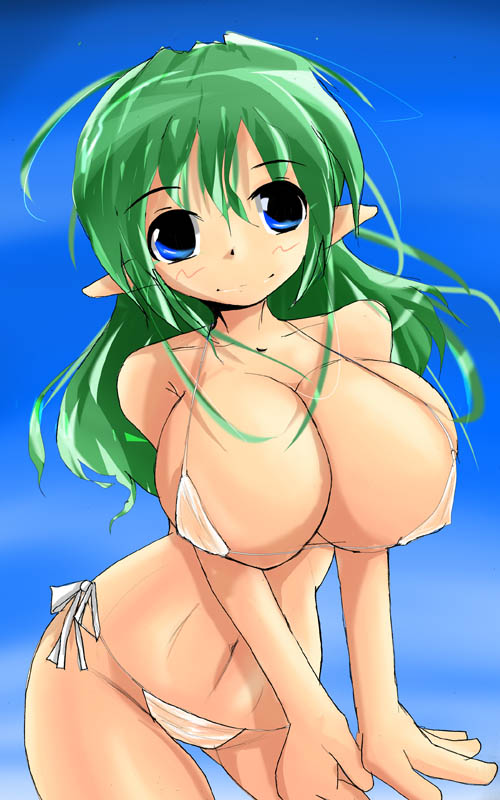 chikuwa (kadomatu), bad id, bad pixiv id, 1girl, bikini, blue eyes, blush, breasts, cleavage, curvy, female focus, green hair, huge breasts, long hair, navel, pointy ears, side-tie bikini bottom, smile, solo, swimsuit
