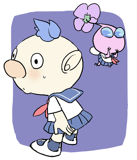 nandovo, alph (pikmin), winged pikmin, nintendo, pikmin (series), commentary request, 1boy, :o, alternate costume, big nose, black eyes, black socks, blue eyes, blue hair, blue sailor collar, blue skirt, border, colored skin, crossdressing, crossdressing (mtf), flower, flying, freckles, from behind, full body, hands on own chin, insect wings, kneehighs, light blush, looking ahead, looking to the side, male focus, mary janes, medium hair, miniskirt, neckerchief, outside border, parted lips, pikmin (creature), pink skin, purple background, purple flower, red neckerchief, sailor collar, school uniform, serafuku, shirt, shoes, short hair, short sleeves, skirt, socks, solid circle eyes, standing, sweatdrop, very short hair, white border, white shirt, white shoes, wings