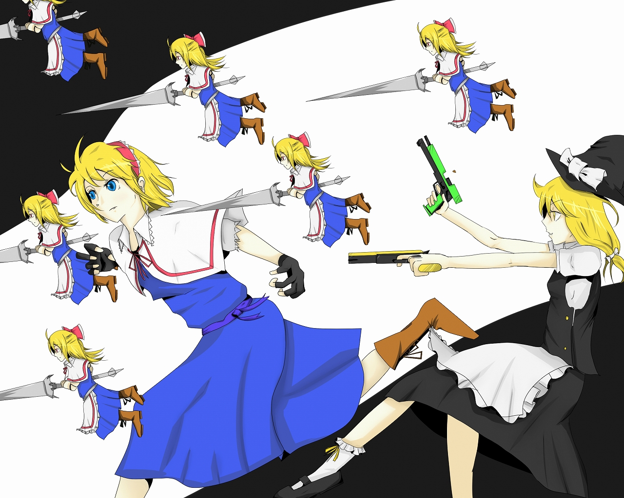 raien (pixiv274885), alice margatroid, kirisame marisa, touhou, bad id, bad pixiv id, 6+girls, blonde hair, blue eyes, dress, dual wielding, female focus, fingerless gloves, gloves, gun, handgun, hat, holding, lance, multiple girls, pistol, polearm, semi-automatic pistol, skirt, spear, weapon, white background, witch, witch hat, yellow eyes