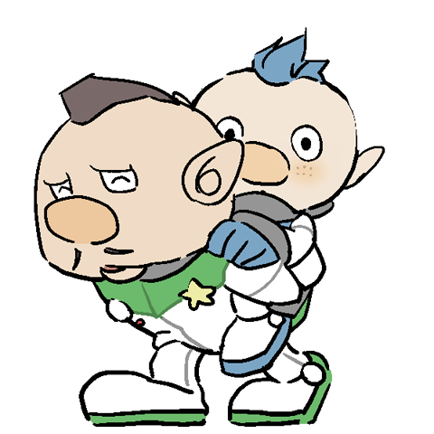 nandovo, alph (pikmin), charlie (pikmin), nintendo, pikmin (series), commentary request, lowres, 2boys, :o, ^ ^, badge, big nose, black eyes, blue gloves, blue hair, brown hair, buttons, carrying, closed eyes, dark-skinned male, dark skin, expressionless, facial hair, freckles, gloves, green gloves, happy, light blush, looking at viewer, male focus, mohawk, multiple boys, mustache, no headwear, open mouth, piggyback, pointy ears, short hair, simple background, spacesuit, star (symbol), very short hair, walking, white background