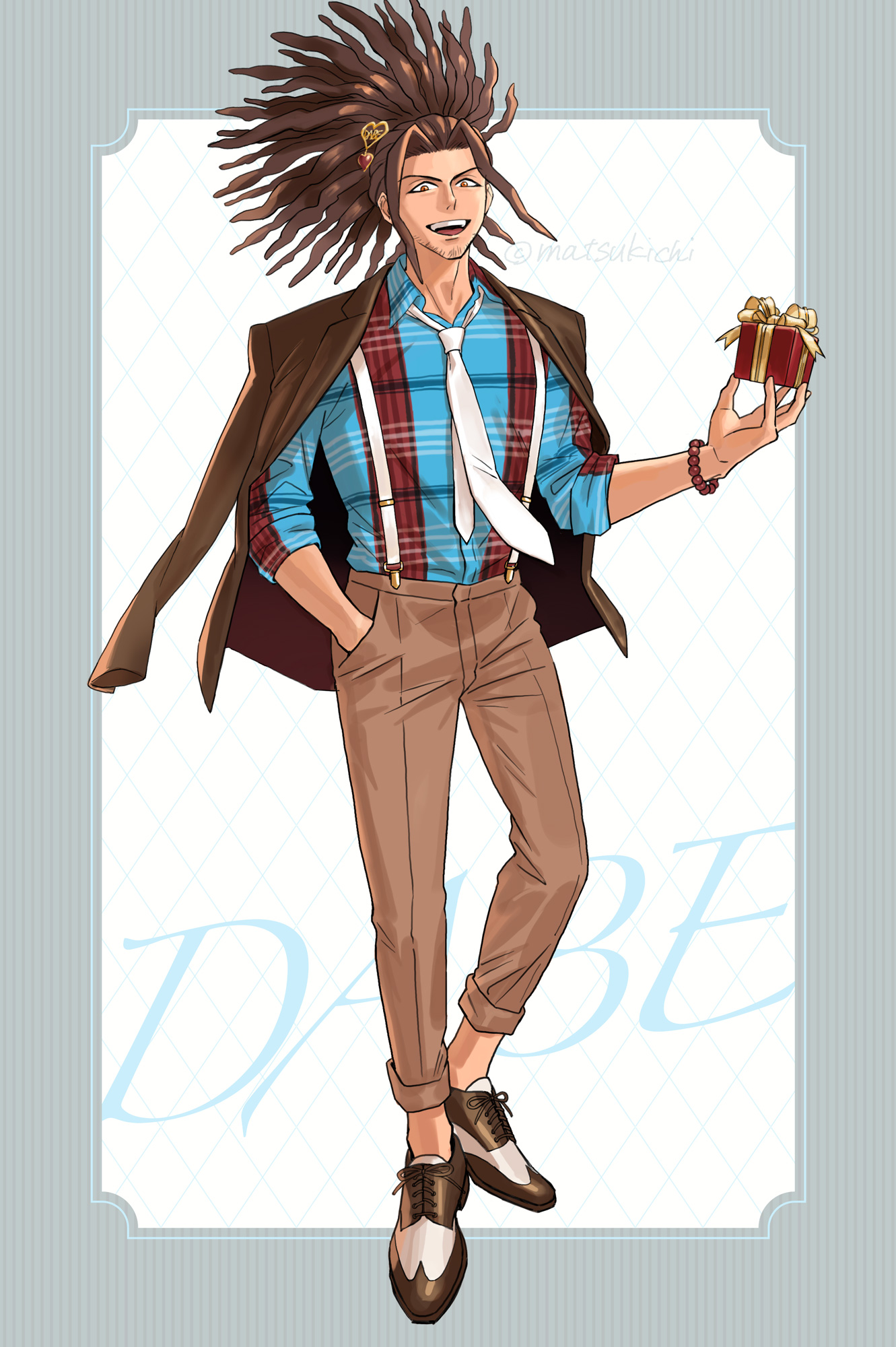 matsu kichi, hagakure yasuhiro, danganronpa (series), highres, 1boy, :d, alternate hairstyle, bead bracelet, beads, blue shirt, bracelet, brown eyes, brown jacket, brown pants, dreadlocks, facial hair, full body, gift, grey background, hair ornament, heart, heart hair ornament, holding, holding gift, jacket, jacket on shoulders, jewelry, looking at viewer, male focus, necktie, open mouth, pants, shirt, shoes, sleeves rolled up, smile, solo, stubble, suspenders, white background, white necktie