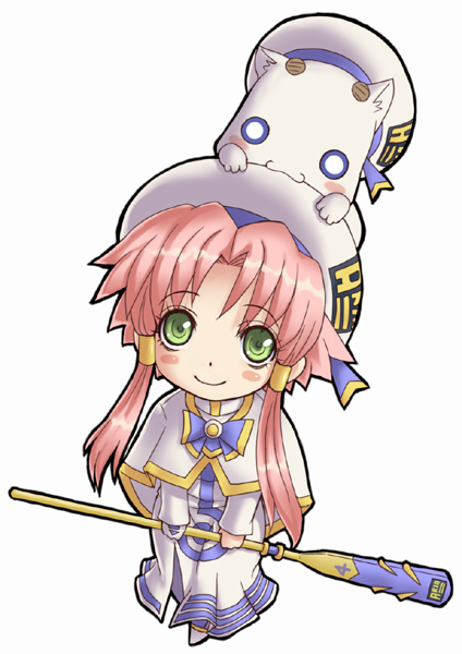 rokko, aria pokoteng, mizunashi akari, aria (manga), bad id, bad pixiv id, 00s, 1girl, chibi, female focus, from above, green eyes, hair tubes, hat, high collar, long hair, looking up, oar, on head, pink hair, short hair with long locks, sidelocks, smile, solo