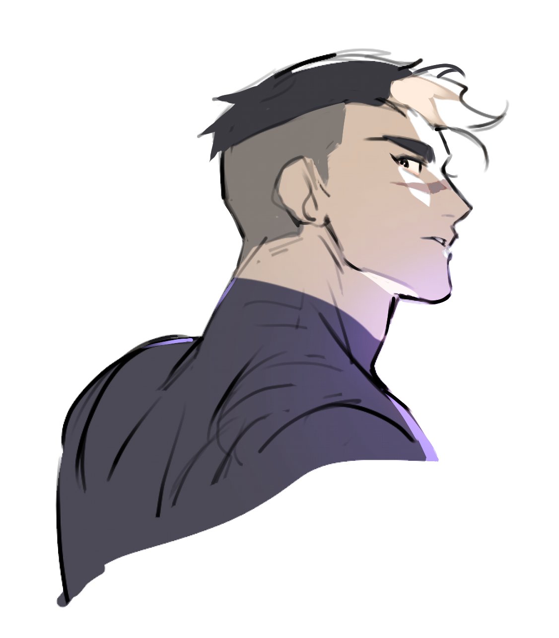 daeungame, takashi shirogane, voltron: legendary defender, voltron (series), commentary request, highres, korean commentary, 1boy, black eyes, black hair, black shirt, cropped shoulders, male focus, multicolored hair, parted lips, scar, scar on face, shirt, short hair, simple background, sketch, solo, undercut, white background, white hair