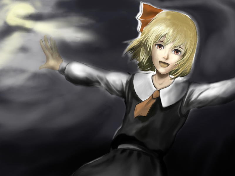 ross (clumzero), rumia, embodiment of scarlet devil, touhou, 1girl, black background, blonde hair, cloud, female focus, gradient background, moon, outdoors, red eyes, ribbon, short hair, sky, solo, standing