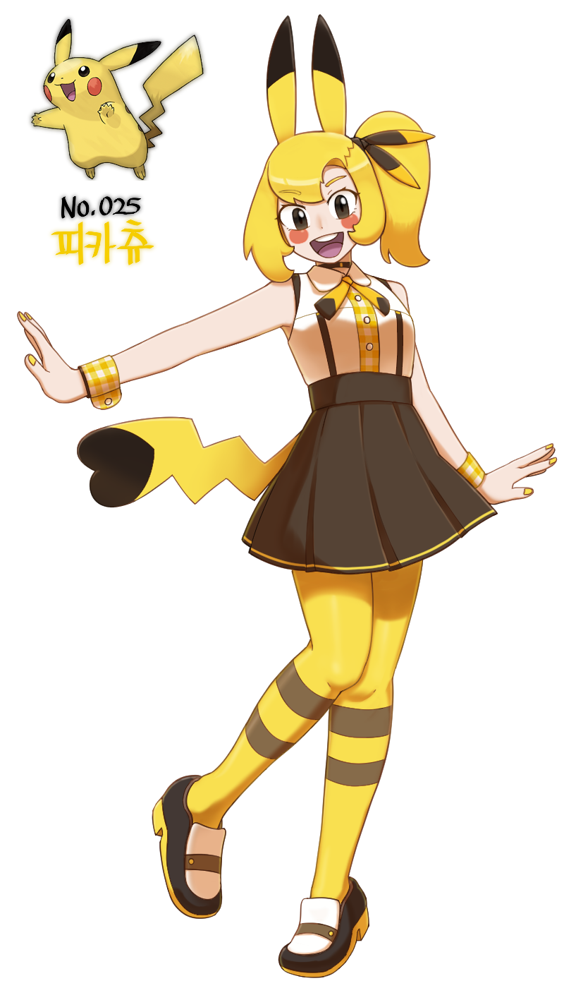 qumyak, pikachu, nintendo, pokemon, highres, 1girl, :d, animal ears, black shoes, black skirt, blonde hair, blush, breasts, choker, full body, gen 1 pokemon, looking at viewer, open mouth, pantyhose, personification, pokemon (creature), shoes, skirt, small breasts, smile, solo, standing, tail, wrist cuffs, yellow nails, yellow pantyhose, yellow wrist cuffs