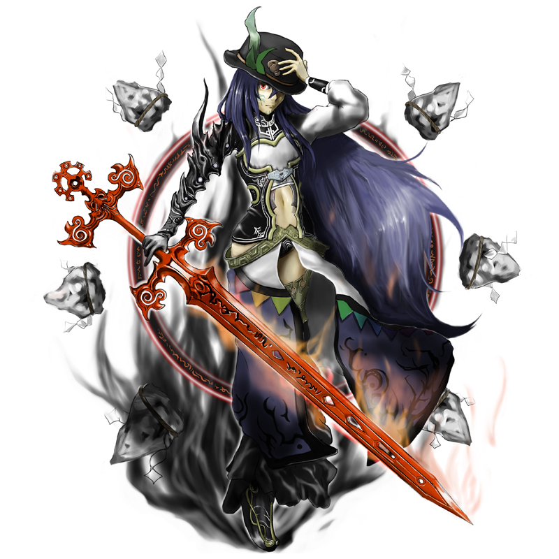 ross (clumzero), hinanawi tenshi, touhou, 1girl, alternate costume, alternate weapon, armor, blue hair, female focus, hat, long hair, red eyes, solo, sword, sword of hisou, weapon