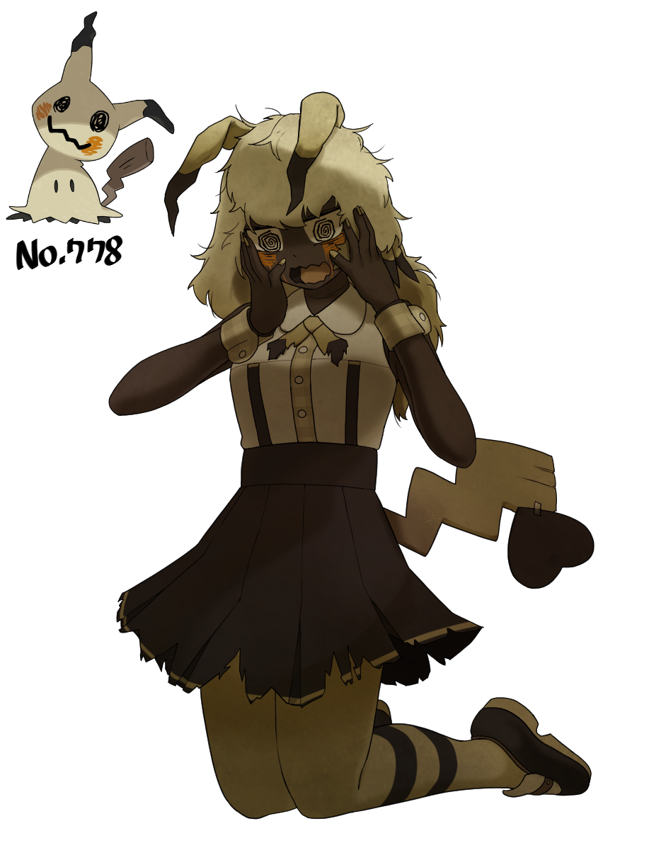 qumyak, mimikyu, nintendo, pokemon, highres, korean commentary, 1girl, @ @, animal ears, black skirt, blush, dark-skinned female, dark skin, fake tail, full body, gen 7 pokemon, hands on own face, kneeling, long hair, pokedex number, shirt, shoes, simple background, skirt, sneakers, tail, torn clothes, torn skirt, wavy mouth, white background, white hair, white shirt, wrist cuffs