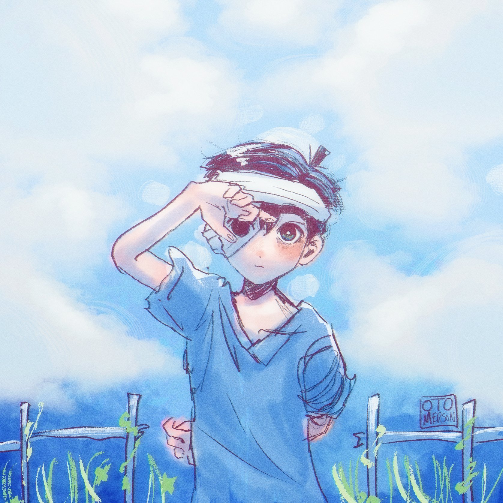 otomerson, sunny (omori), omori, highres, spoilers, 1boy, arm up, artist name, bandaged head, bandages, black eyes, black hair, bright pupils, double-parted bangs, eyepatch, hair between eyes, hospital gown, male focus, medical eyepatch, short hair, short sleeves, solo, white pupils