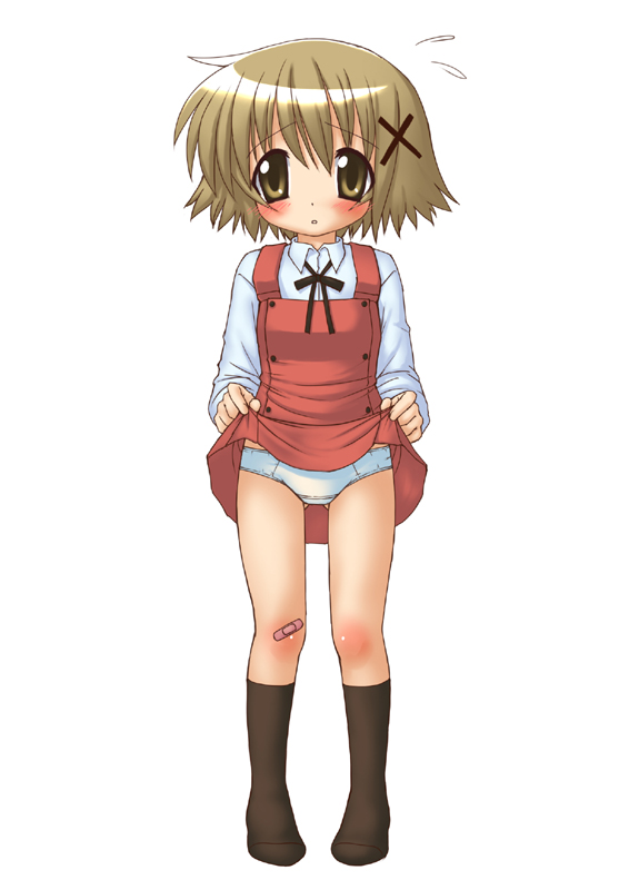 rokko, yuno (hidamari sketch), hidamari sketch, bad id, bad pixiv id, 00s, 1girl, bandaid, bandaid on knee, bandaid on leg, blush, brown eyes, brown hair, clothes lift, female focus, flying sweatdrops, full body, hair ornament, no shoes, panties, school uniform, short hair, simple background, skirt, skirt lift, solo, standing, underwear, white background, white panties, x hair ornament, yamabuki high school uniform