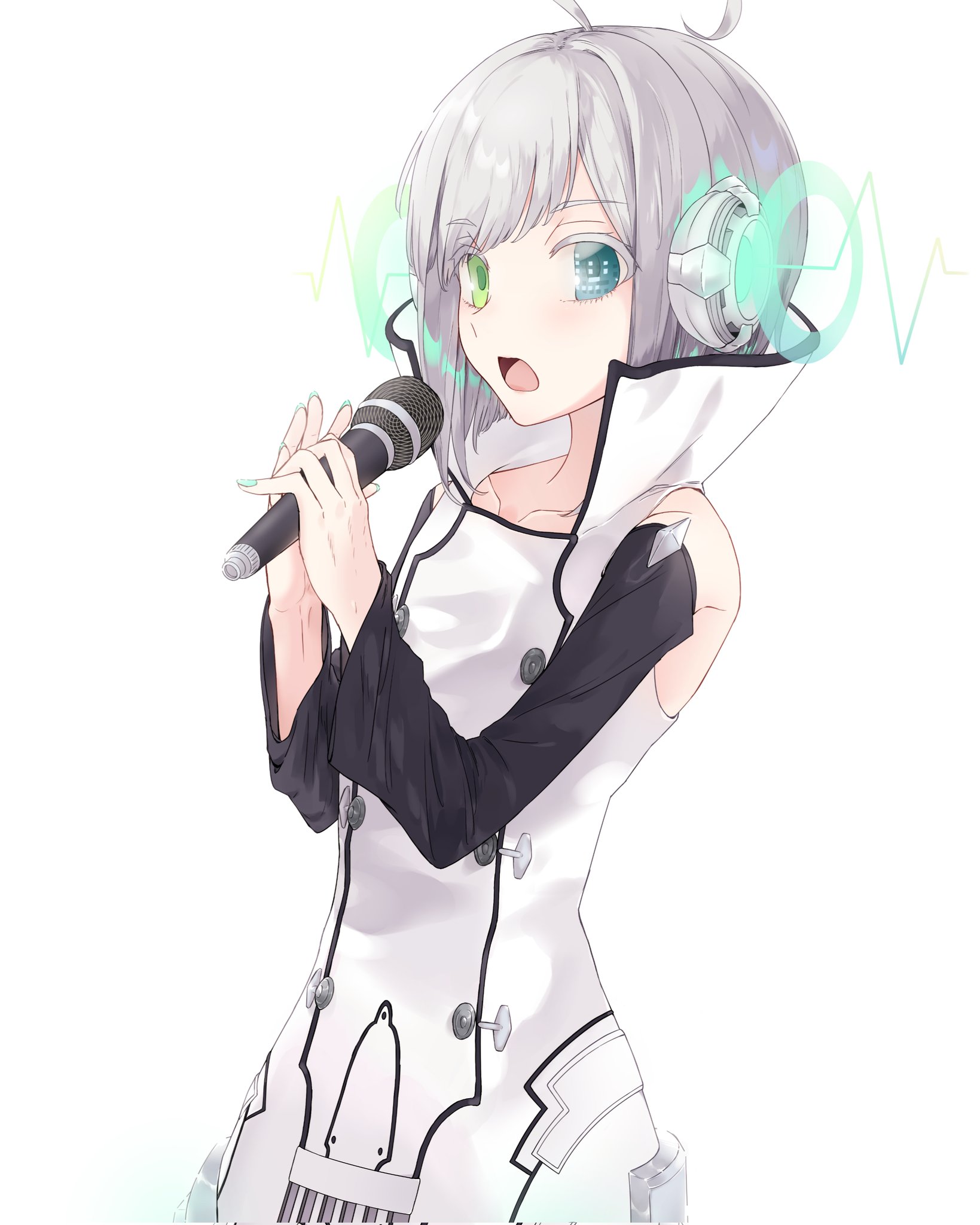 utatane piko, vocaloid, highres, 1boy, androgynous, black sleeves, bltj2xg5iiy40x9, blue eyes, detached sleeves, green eyes, green nails, grey hair, heterochromia, high collar, looking back, male focus, medium hair, microphone, open mouth, shirt, trap, white shirt
