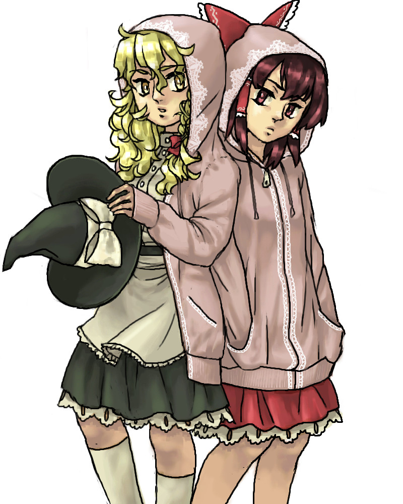 bnjgm., bnjgm. (pixiv231149), hakurei reimu, kirisame marisa, touhou, bad id, bad pixiv id, 2girls, blonde hair, blush, casual, female focus, hand in pocket, hat, hood, hooded jacket, hoodie, jacket, multiple girls, ribbon, witch, witch hat