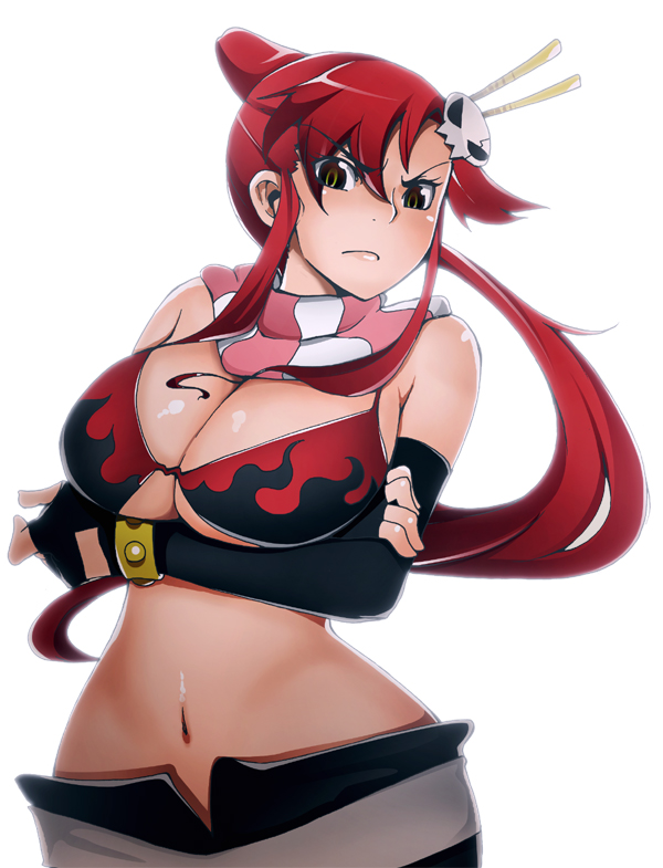 kosame daizu, yoko littner, tengen toppa gurren lagann, breast hold, bad id, bad pixiv id, 00s, 1girl, angry, bikini, bikini top only, breasts, cleavage, crossed arms, curvy, elbow gloves, female focus, fingerless gloves, frown, gloves, hip focus, huge breasts, large breasts, midriff, navel, ponytail, red hair, scarf, shorts, solo, swimsuit, wide hips, yellow eyes