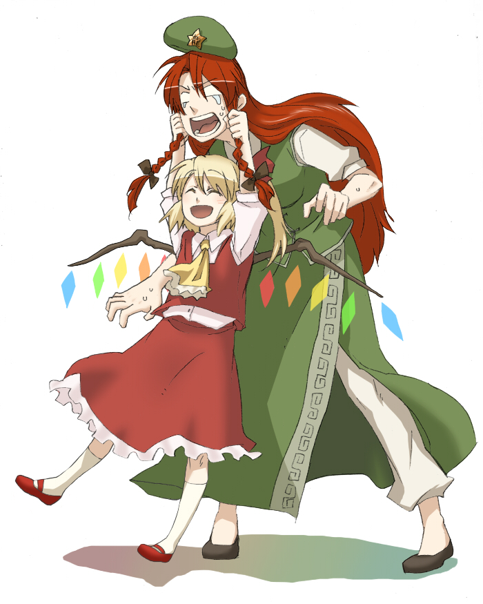 torinone, flandre scarlet, hong meiling, embodiment of scarlet devil, touhou, 2girls, ^ ^, ascot, blonde hair, braid, closed eyes, female focus, grabbing another's hair, grabbing another's twintails, hat, holding another's hair, long hair, multiple girls, open mouth, red hair, simple background, smile, socks, tears, twin braids, vampire, white background, white socks, wings