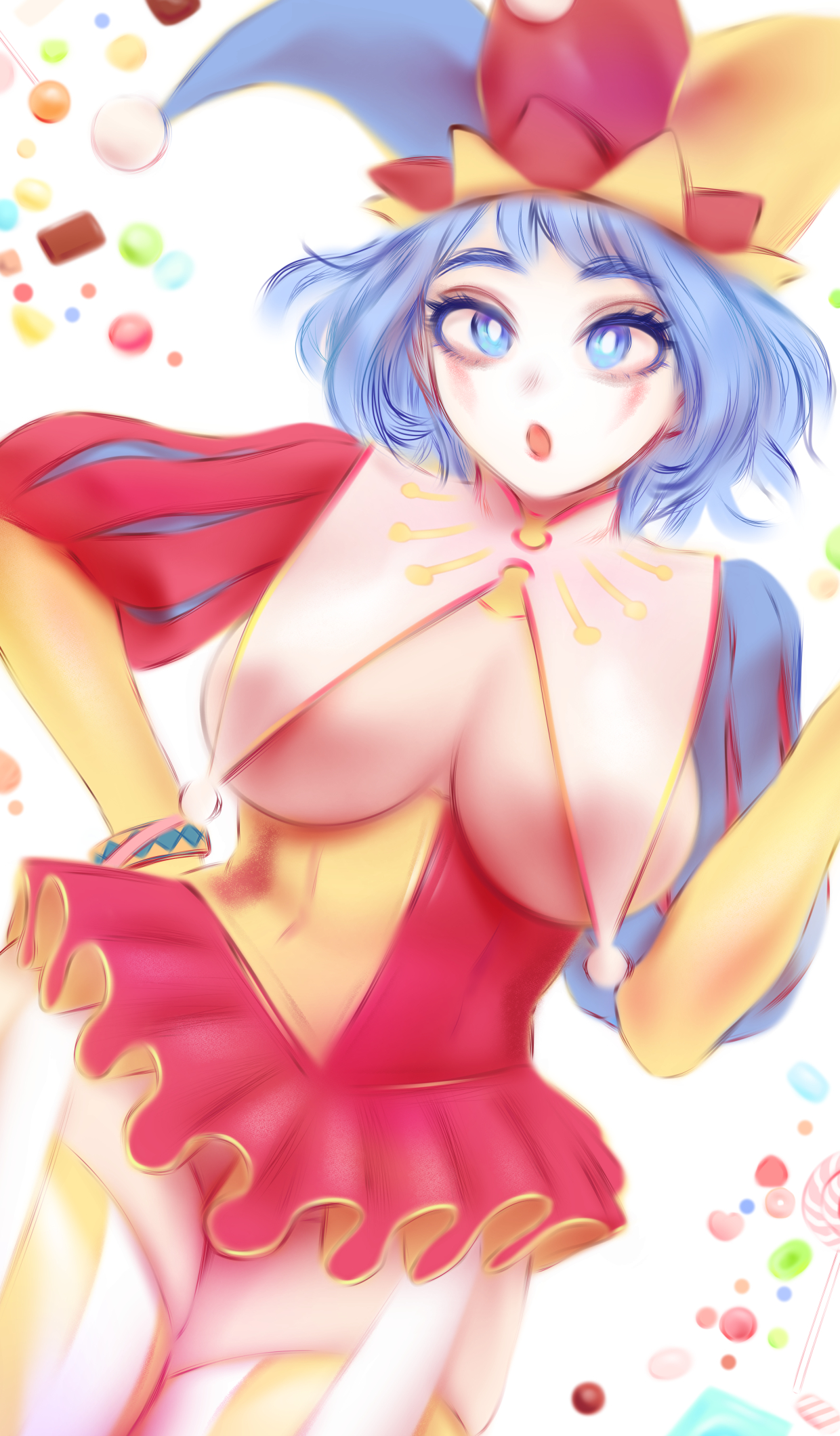 shpo, hado nejire, boku no hero academia, commentary, highres, 1girl, :o, areola slip, blue eyes, blue hair, blue hat, blue shrug, blush, bracelet, breasts, candy, food, hat, jester cap, jewelry, large breasts, lollipop, long sleeves, looking at viewer, medium hair, multicolored hat, open mouth, pink hat, pink skirt, red shrug, shrug (clothing), simple background, skirt, solo, striped clothes, striped thighhighs, thighhighs, thighs, vertical-striped clothes, vertical-striped thighhighs, white background, yellow hat, yellow skirt, yellow thighhighs