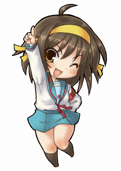 rokko, suzumiya haruhi, suzumiya haruhi no yuuutsu, bad id, bad pixiv id, 00s, brown eyes, brown hair, chibi, fang, hairband, one eye closed, school uniform, serafuku, short hair, solo, wink